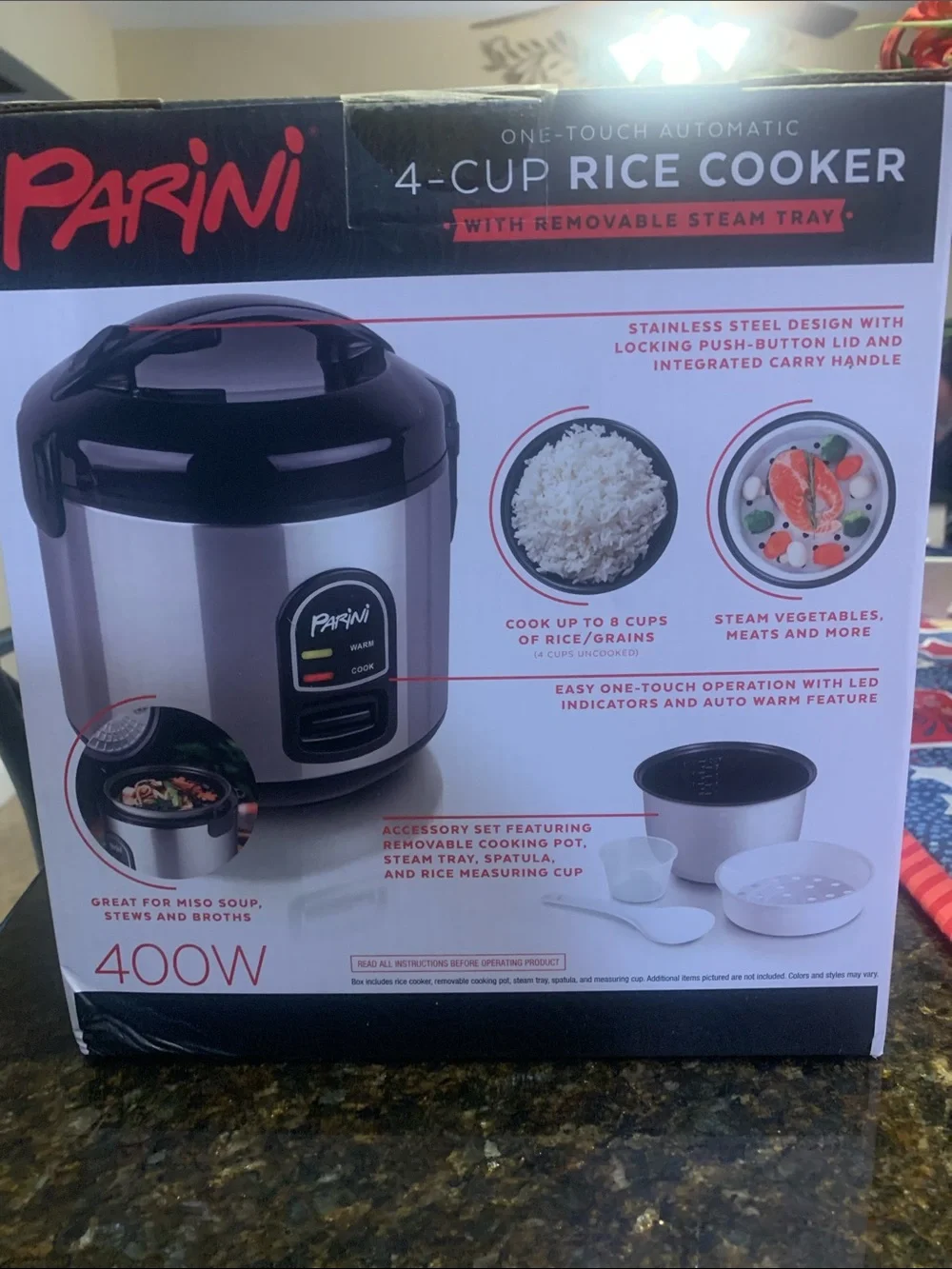 NEVER USED! Stainless Steel and Black 4-Cup Rice Cooker with Steam Tray